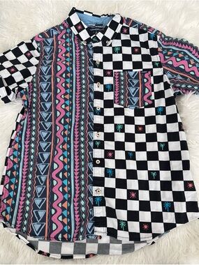 chubbies Black & White Checker Button-Down with Pink, Teal & Blue Accents